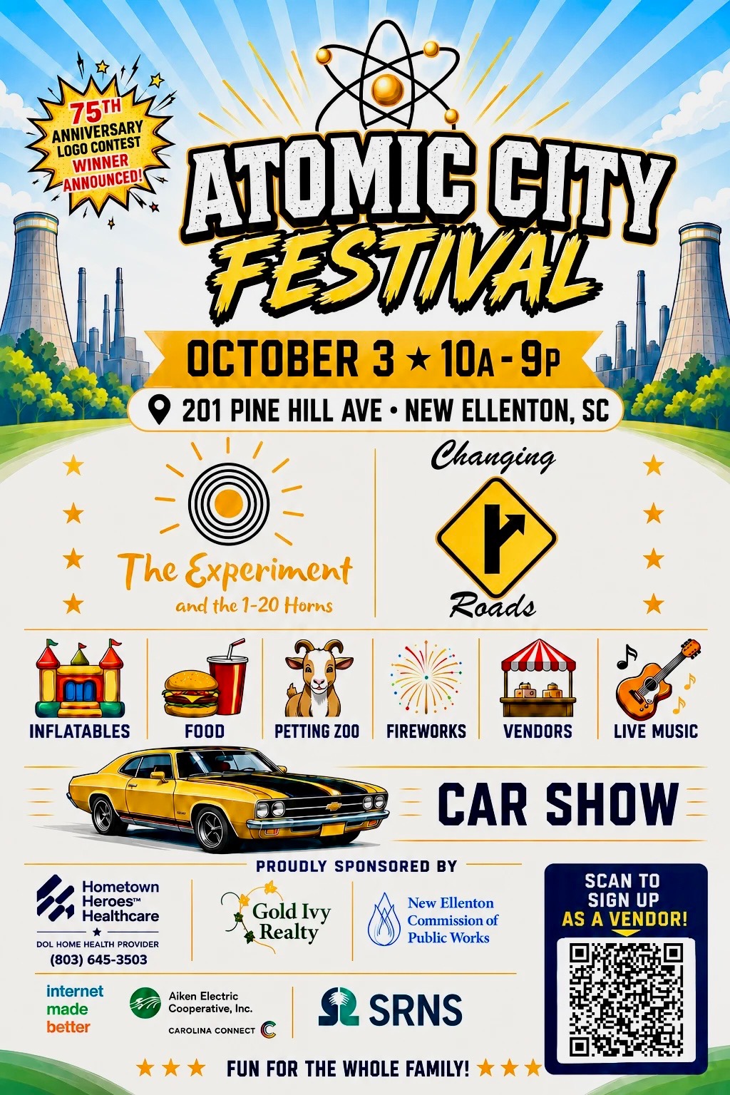 Atomic City Festival Flyer for Oct. 3, 2026 with inflatables, food, petting zoo, fireworks, vendors and music